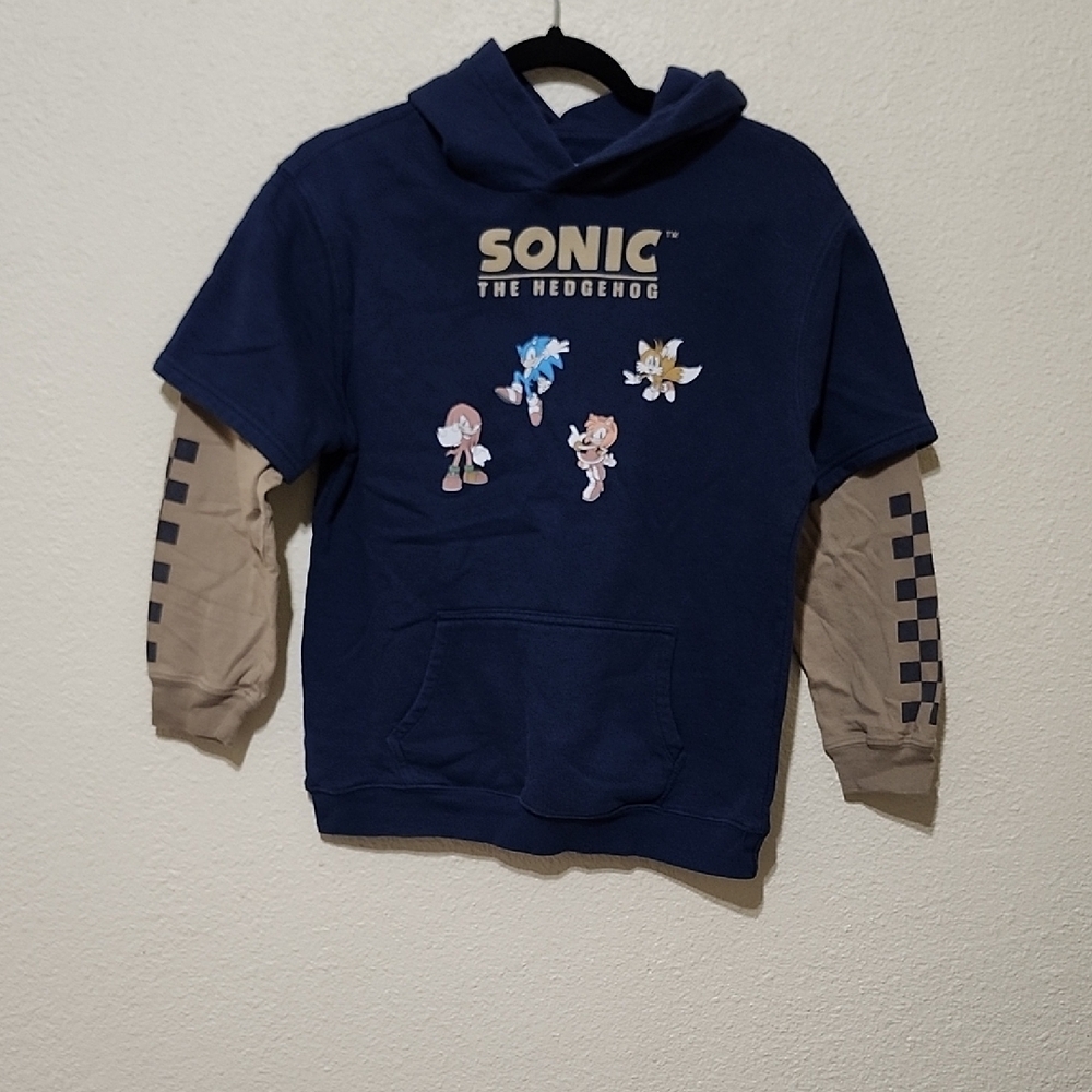 Blue Sweatshirt with Tan Long Sleeves and Sonic Graphic - Picture 1 of 8
